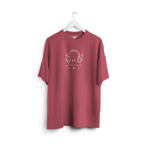 Muted onion pink oversized t-shirt with white minimal headphone and music icon print, part of the Checks & Solids casual streetwear collection.