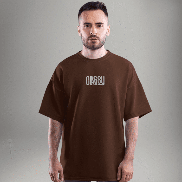 class-brown-closeup CLASSY brown oversized t-shirt for men made with French Terry cotton - minimal streetwear by Checks and Solids
