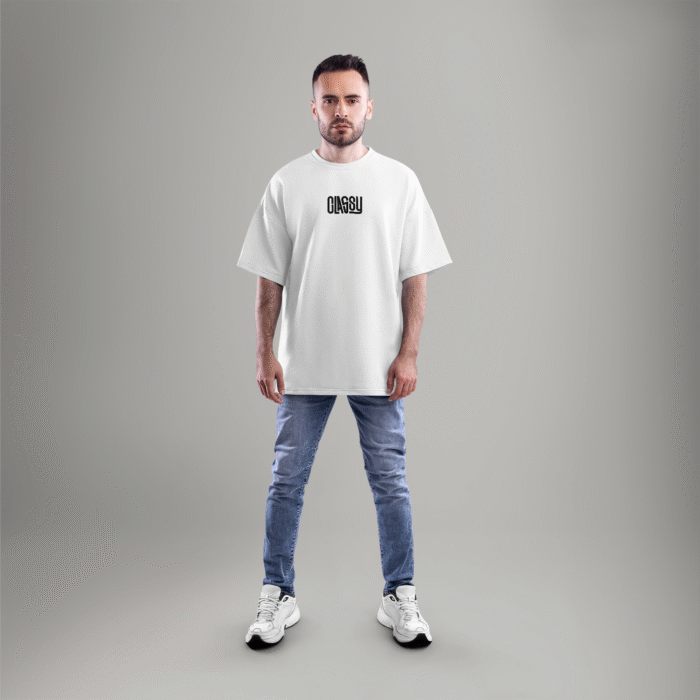 classy-white-full CLASSY white oversized t-shirt for men in French Terry cotton - minimal printed tee from Checks and Solids