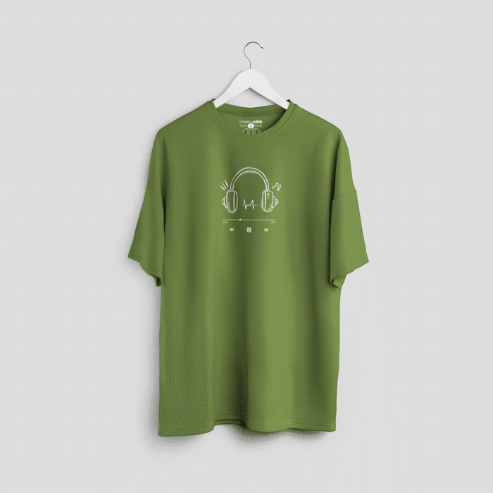 green-music-tee Olive green oversized t-shirt with minimalist white headphone and music player graphic by Checks & Solids, perfect for music lovers and streetwear fans.
