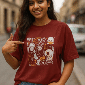Oversized Maroon Graphic T-Shirt – Boo Monsters | Checks & Solids